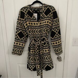 Zara Basic Tribal Print Longline‎ Wrap Tie Coat Jacket Womens Size XS/S